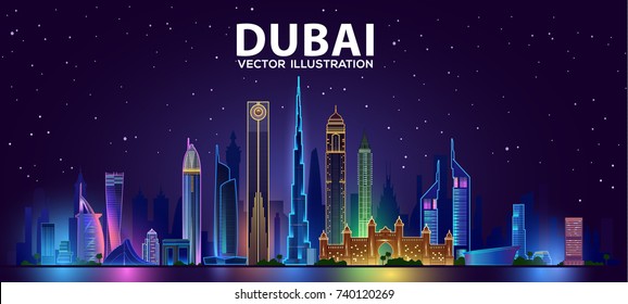 Esquyline de la noche de Dubai.Ilustración vectorial