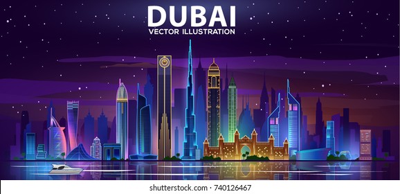Night Dubai skyline.Vector illustration