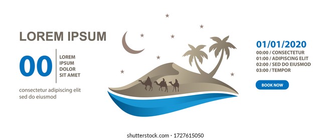 night dune scene with camel riders , vector web banner template