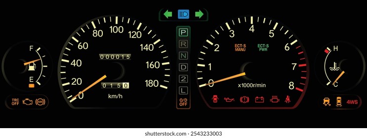 Night early 90s large size Japanese sedan dashboard in Japanese gasoline engine with 4 wheel steering automatic gearbox specs includes traction control and drive mode indicator illustration vector.