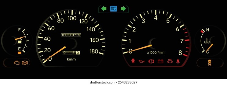 O painel de sedan japonês de tamanho grande do início dos anos 90 no motor de gasolina japonês com especificações manuais da caixa de engrenagens inclui o vetor da ilustração da iluminação.