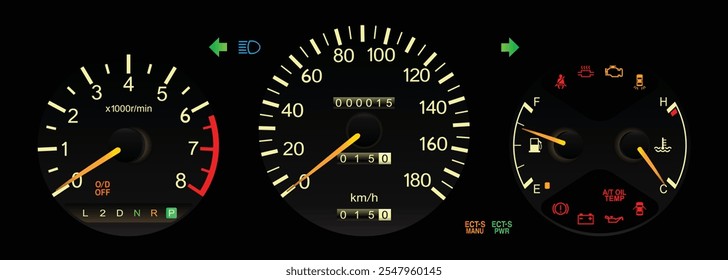 Night early 90s midsize Japanese sedan dashboard in Japanese gasoline engine with 4wd automatic gearbox specs includes drive mode without electronic center differential lock illustration vector.