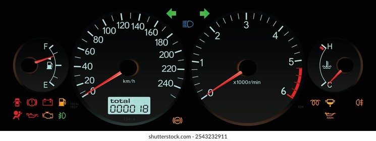 Night early y2k midsize Japanese sedan dashboard in European specs turbo diesel engine with manual gearbox illustration vector includes light aqua blue illumination illustration vector.