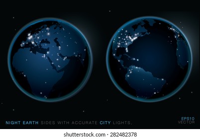 Night earth sides , with realistic city lights. Editable rich vector easy to copy some of the lights to make specific city  or location shine. 