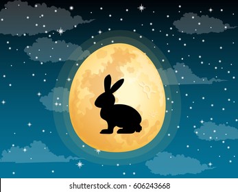 Night Easter day on bunny full moon background