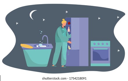 Night Eating, Gluttony and Night Hunger on the Kitchen.
Hungry Girl Looks in Refrigerator at Night and Eating Bread. Nightly overeating. Kitchen Interior. Flat Vector Ilustration