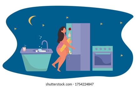 Night Eating, Gluttony and Night Hunger on the Kitchen.
Hungry Fat Girl Looks in Refrigerator at Night and Eating Bread. Nightly overeating. Kitchen Interior. Flat Vector Ilustration