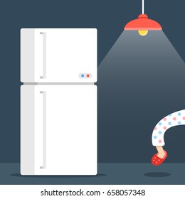 Night eating, night hunger concept. Dark room, ceiling lamp, refrigerator. Person sneaking into the fridge at night. Creative cartoon vector illustration