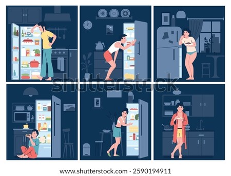 Night eating. People on kitchen at evening looking snack and food. Late night snacking, insomnia problem, diet and unhealthy lifestyle. Eating disorder recent vector scenes