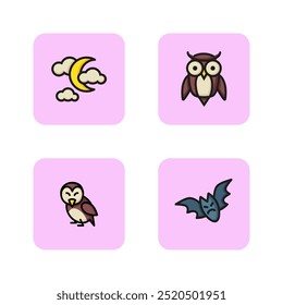 Night elements line icon set. Crescent, bird, bat, owl. Halloween and wildlife concept. Vector illustrations can be used for fear, night, holiday