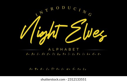Night Elves Lettering signature font isolated on grey background. brus style alphabet. Vector logo letters.
