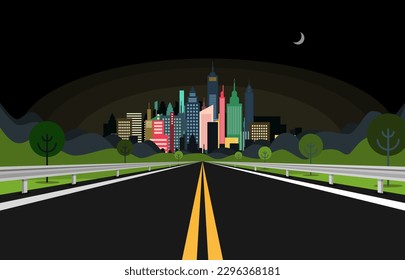 Carretera nocturna vacía de asfalto con ciudad al fondo - vector