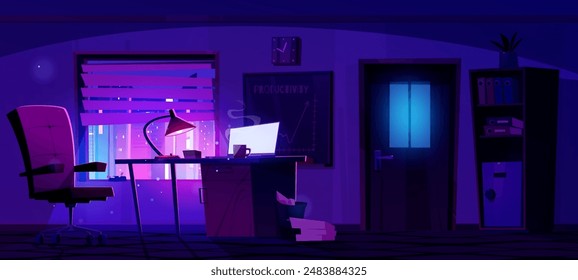 Night empty business office room interior with glow computer monitor on desk and cabinet with documents, blackboard with graph and neon city outside window. Cartoon vector dark evening workspace.