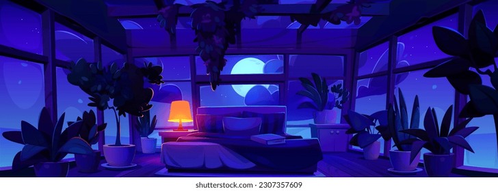 Night empty glass bedroom interior with window and moon view. Stars in dark sky above bed in romantic apartment balcony construction cartoon illustration. Relax in hotel loggia place with plant pot