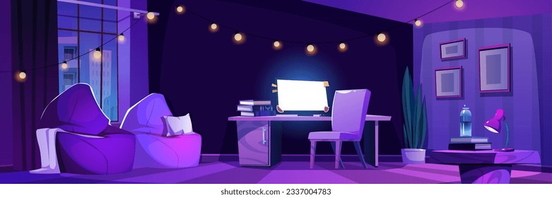 Night empty home office room interior cartoon vector background. Computer screen glow on table near chair and armchair furniture. Dark purple panoramic apartment with modern workspace and garland