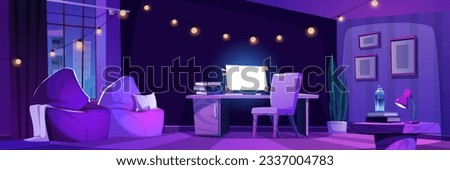 Night empty home office room interior cartoon vector background. Computer screen glow on table near chair and armchair furniture. Dark purple panoramic apartment with modern workspace and garland