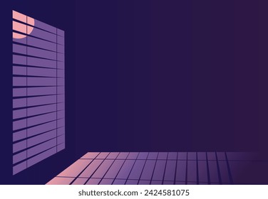 Noche habitación vacía con luz que viene de la ventana. Reflejo de la luz de luna llena en el suelo. Luz de luna filtrándose a través de las persianas de las ventanas. Copiar espacio. Romántico ambiente nocturno sereno de fondo.