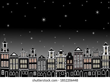 Night European street with houses, architectural monuments, for romantic dates of lovers under the starry sky.
