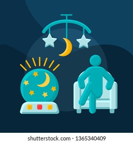 Night, evening babysitting flat concept vector icon. Child, newborn, infant care idea cartoon color illustrations set. Nanny, babysitter at home. Isolated graphic design element