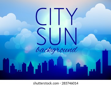 night evening city silhouette background with clouds and bokeh