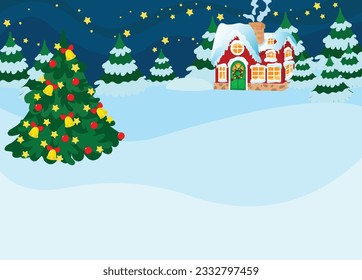 Night or evening on the eve of Christmas and the cozy house of Santa Claus among the fir trees. Christmas trees and the roof are covered with snow. The stars shine brightly in the sky. 