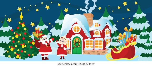 Night or evening on the eve of Christmas and a cozy house in the middle of a snowy valley and fir trees. Santa and Mrs. Santa Claus are standing in front of the house. The stars shine in the sky. 