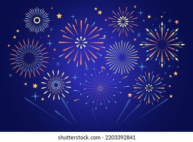 Night exploding firework. Color fireworks diwali celebration show in sky, celebratory firecracker explosion festival sparkler burst salute xmas party, vector illustration of event night festival fire