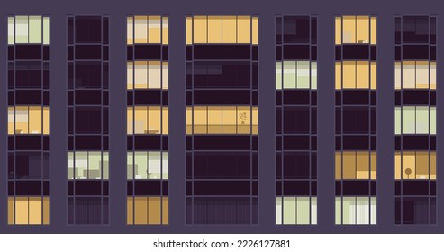 Night facade windows in building construction, modern business center. Industrial glass installation exterior, security, aesthetics, safety, modern apartment blue texture pattern. Vector illustration