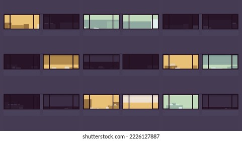 Night facade windows in modern city. Daytime classic contemporary glossy pattern for lively, free, design, shopping mall, office, comfortable living environment, urban development. Vector illustration