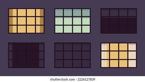 Night facade windows in modern office building. Business center front view, sash type of casement glass, architectural office, modern hotel, planning, urban design, architecture. Vector illustration