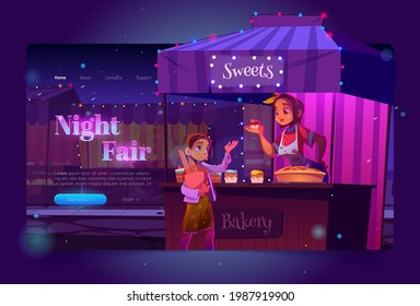 Night fair banner with food market on street and girl buying sweets. Vector landing page of festive marketplace with cartoon illustration of wooden stalls, bakery vendor at counter with cakes