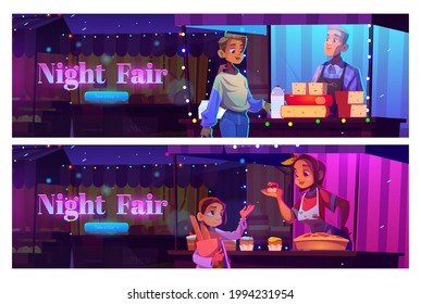 Night fair cartoon web banner with people visit outdoor market booths and kiosks. Characters buying bakery and dairy production at farmer food stalls illuminated with garlands, vector illustration