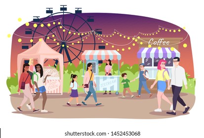 Night fair flat vector illustration. People walk street market cartoon characters. Festival, funfair, city event, amusement park food stalls. Popcorn, ice cream, coffee kiosks on fairground