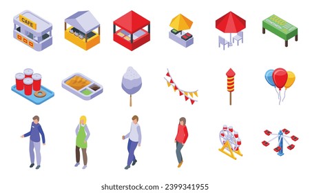 Night fair icons set isometric vector. Outdoor market stall. Counter people