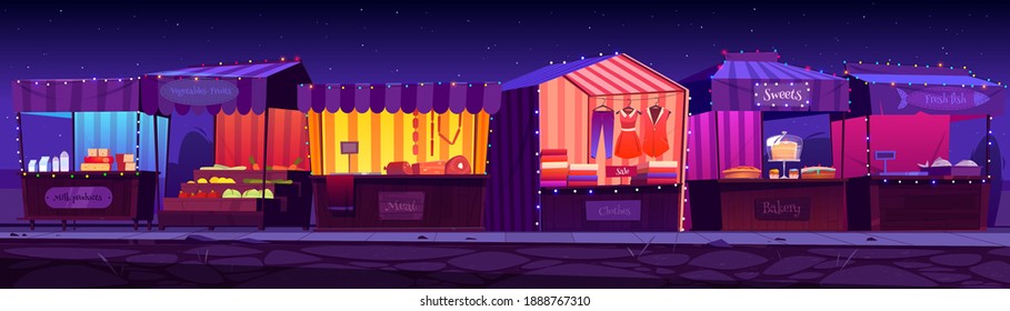 Night fair, outdoor market stalls, booths and kiosks with striped awning, clothes or food products. Wood illuminated vendor counters for street trading, city retail places, cartoon vector illustration