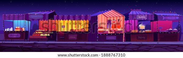 Night fair, outdoor market stalls, booths\
and kiosks with striped awning, clothes or food products. Wood\
illuminated vendor counters for street trading, city retail places,\
cartoon vector\
illustration