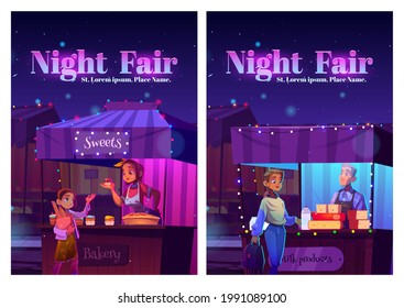 Night fair posters with food market on street. Vector flyers of festive marketplace with cartoon illustration of wooden stalls with bakery and milk products and vendors at counter