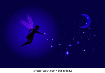 Night fairy with moon and shiny star sparkle, night dream, vector