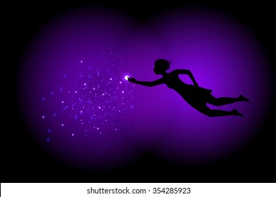 Night fairy with  shiny lantern sparkle, night miracle dream, vector