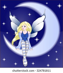 night fairy sits on the moon, in a stellar sky