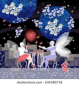 Night fairy tea party in cafe on roof with view to city. Beautiful winged man and woman on a date. Romantic vector illustration.