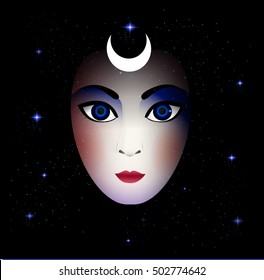 night fairy or witch portrait, beautiful girl face on the night sparkles background, vector