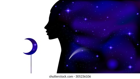  night fairy, fairy woman profile  on the night sky and  with moon, on white background, vector