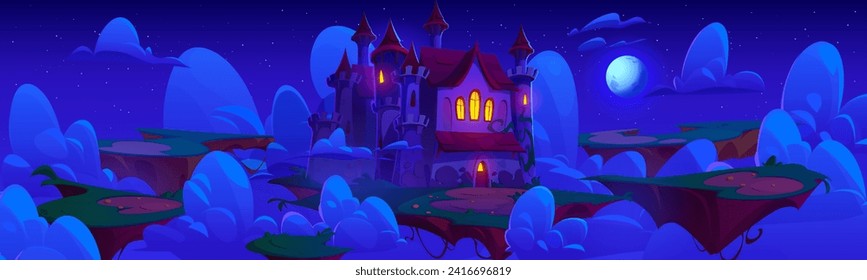 Night fairytale castle on floating island. Vector cartoon illustration of medieval fortress with towers and light in windows, pieces of land flying in clouds, moon glowing in starry sky, game ui
