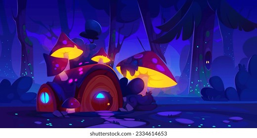 Night fairytale house in forest cartoon background. Neon light in hut window. Magic tree in fantasy landscape with mushroom and path. Jungle cottage home scene for adventure child fairy tale wallpaper