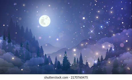 Night fairytale landscape with forest, mountains and full moon