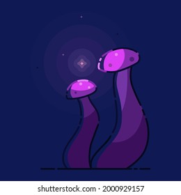 Night fairy-tale with magic bright purple mushrooms on blue background. 