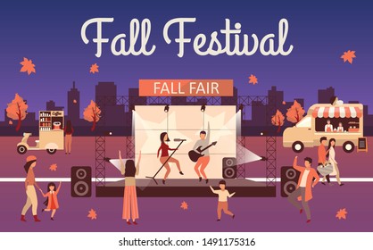 Night Fall Festival Flat Illustration. Autumn Event And Thanksgiving Day Holiday Advertising Poster. Fall Fair Lettering. Rock Fest, Carnival With Street Food Truck. Concert Visitors Cartoon Character