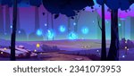 Night fantasy forest game landscape background. Magic garden with firefly light glow near mysterious road at midnight. fantastic beautiful nature glade with mushroom, butterfly and tree scenery