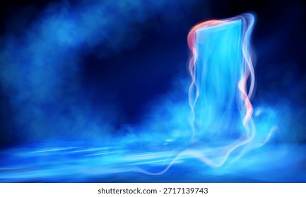 Paisaje de fantasía nocturna con un arco brillante rectangular, portal de neón, humo, niebla y efecto de luz. Ilustración vectorial.